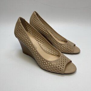 Franco Sarto Ginesa Tan Leather Peep Toe Heels Womens 8M Perforated Faux Leather